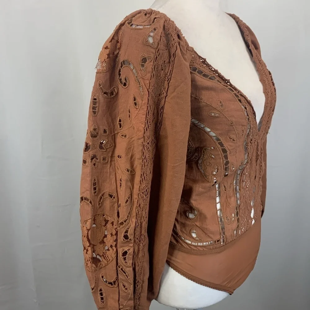 Free People Intimately Regina Brown Eyelet Bodysuit- NWOT